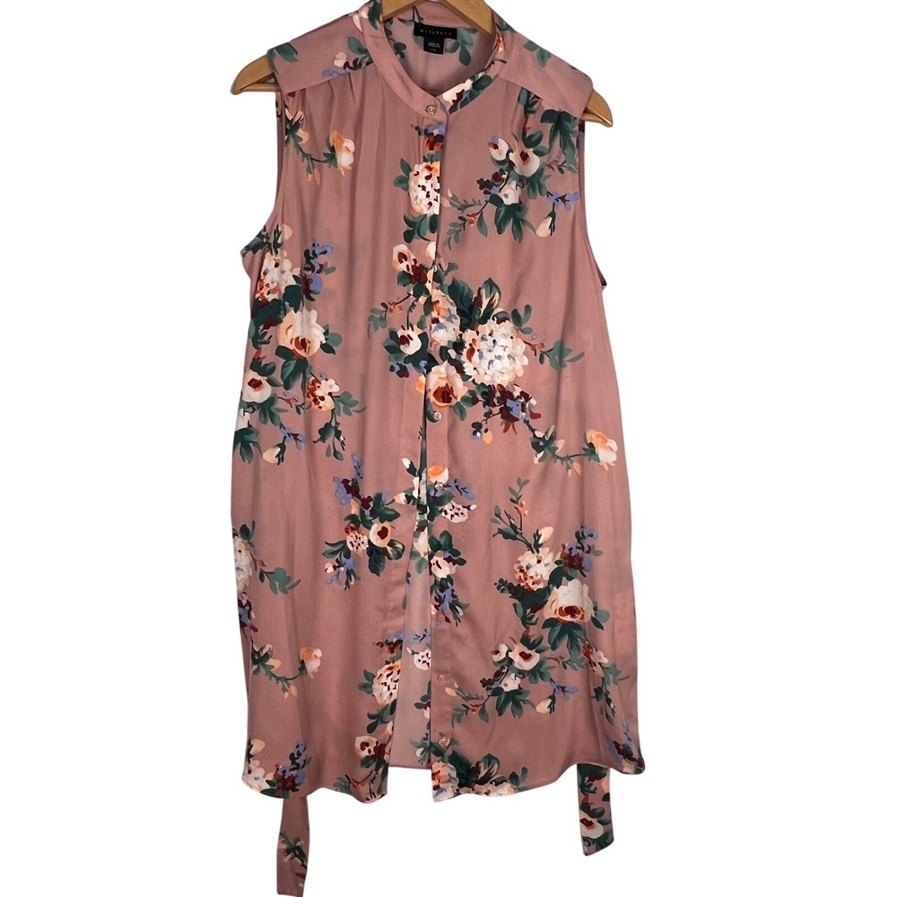 Metaphor Pink‎  Floral Flowy Sheer Sleeveless Button Up Blouse Top Size L